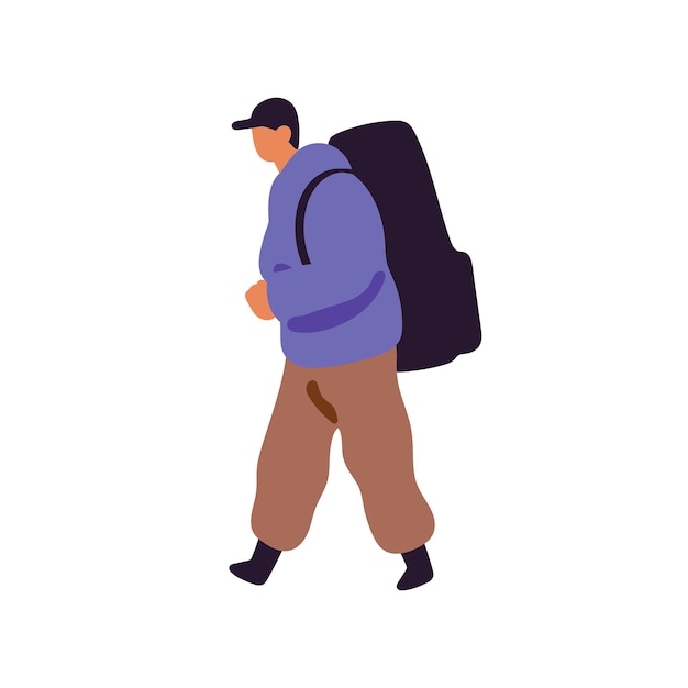 El excursionista va a viajar con una gran mochila El viajero lleva una enorme mochila de espalda Vista lateral El turista con gorra camina en la caminata Las aventuras de senderismo de la persona Ilustración vectorial aislada plana sobre fondo blanco