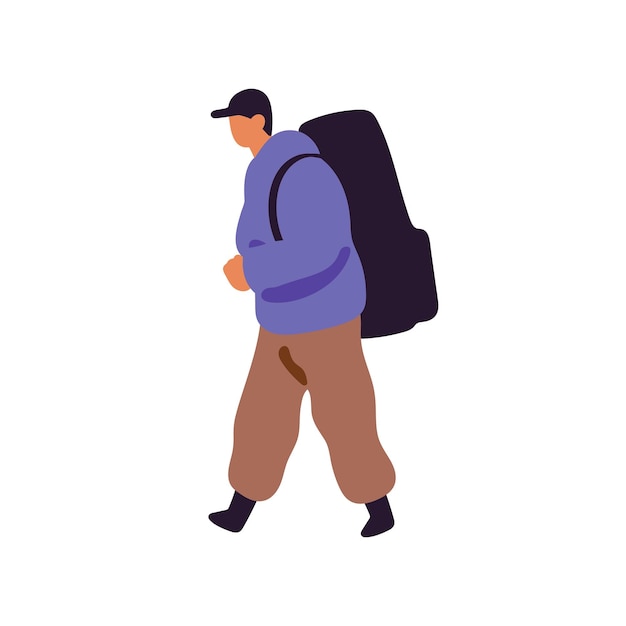 Vector el excursionista va a viajar con una gran mochila el viajero lleva una enorme mochila de espalda vista lateral el turista con gorra camina en la caminata las aventuras de senderismo de la persona ilustración vectorial aislada plana sobre fondo blanco