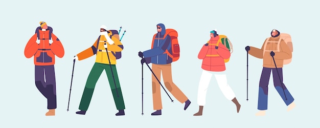 Excursionistas de invierno o escaladores personajes masculinos y femeninos vestidos con ropa cálida y mochilas forjando sus propios caminos nevados a través de un sereno desierto helado gente de dibujos animados ilustración vectorial