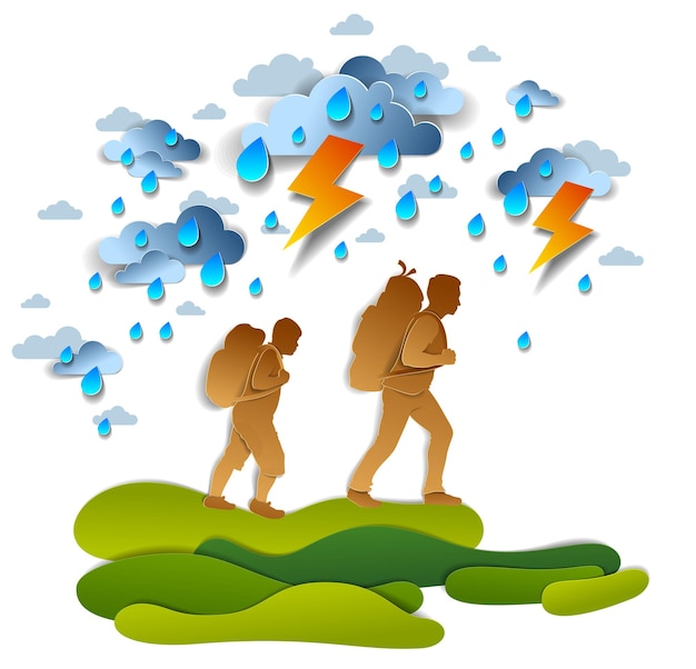 Vector excursionistas padre e hijo adolescente caminando a través de tormentas y lluvia, motivación, supervivencia, prueba de coraje. ilustración vectorial del clima tormentoso con excursionistas que llevan mochilas.