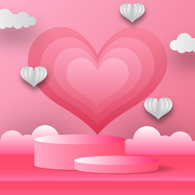 Exhibición de productos de podio Banner de tarjeta de felicitación de San Valentín con forma de corazón y nube. Ilustración de vector de estilo de corte de papel con fondo rosa.