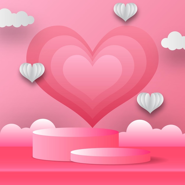 Exhibición de productos de podio banner de tarjeta de felicitación de san valentín con forma de corazón y nube. ilustración de vector de estilo de corte de papel con fondo rosa.