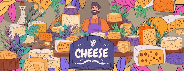 Exhibición de variedad de queso con vendedor sonriente rodeado de coloridas ruedas de queso hierbas y decorativos