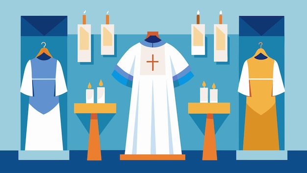 Una exhibición de varios vestidos de bautismo y velas de bautismo que demuestran el significado de la