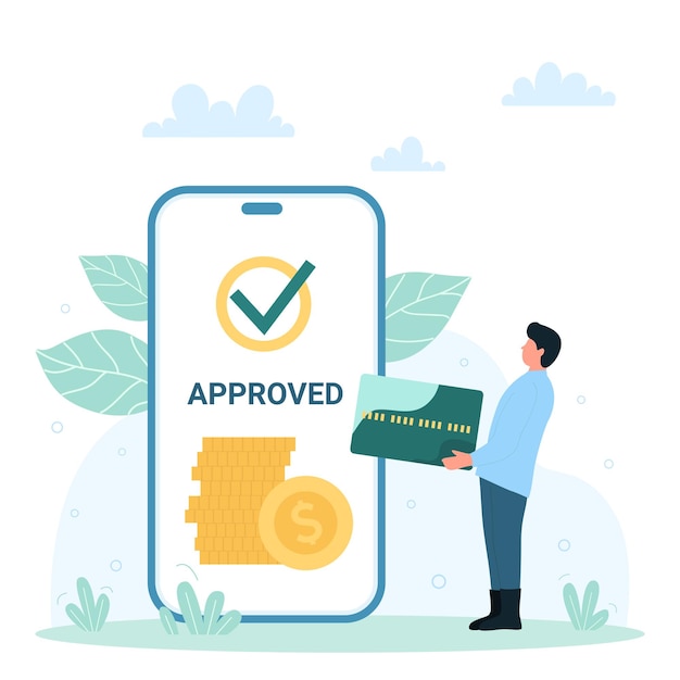 El éxito de la aprobación de crédito en línea en la aplicación de banco móvil pequeño carácter y teléfono gigante