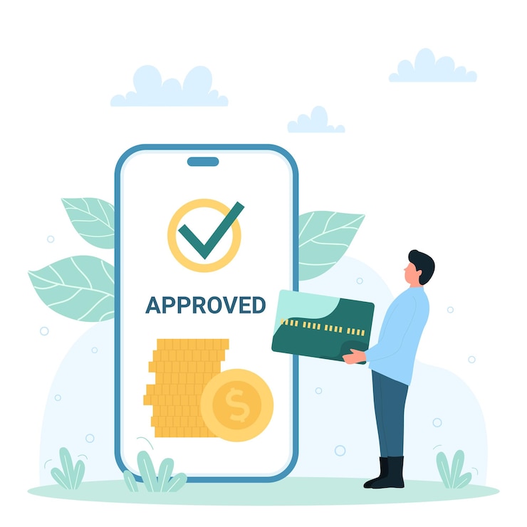 Vector el éxito de la aprobación de crédito en línea en la aplicación de banco móvil pequeño carácter y teléfono gigante