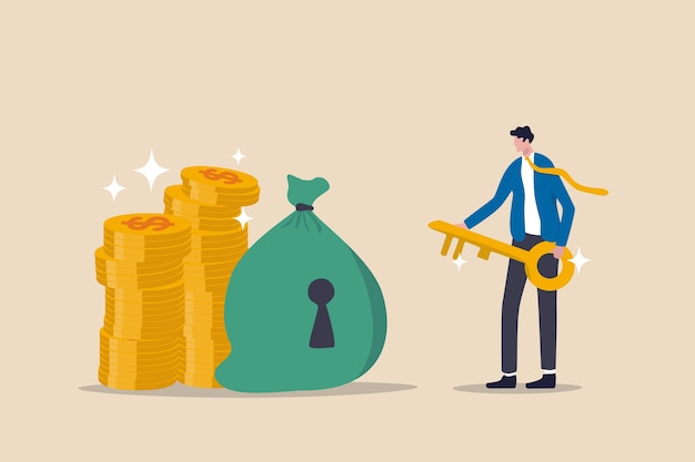 Éxito de la clave financiera, refugio seguro para la inversión o administrador de la riqueza para administrar el concepto de dinero, asesor de finanzas del empresario de éxito con llave de oro para la bolsa de dinero con cerradura y pila de monedas de oro