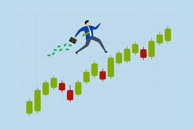 El éxito del comerciante obtener ganancias con la inversión de comercio empresario inversor con un maletín de dinero corre con confianza en un gráfico de vela