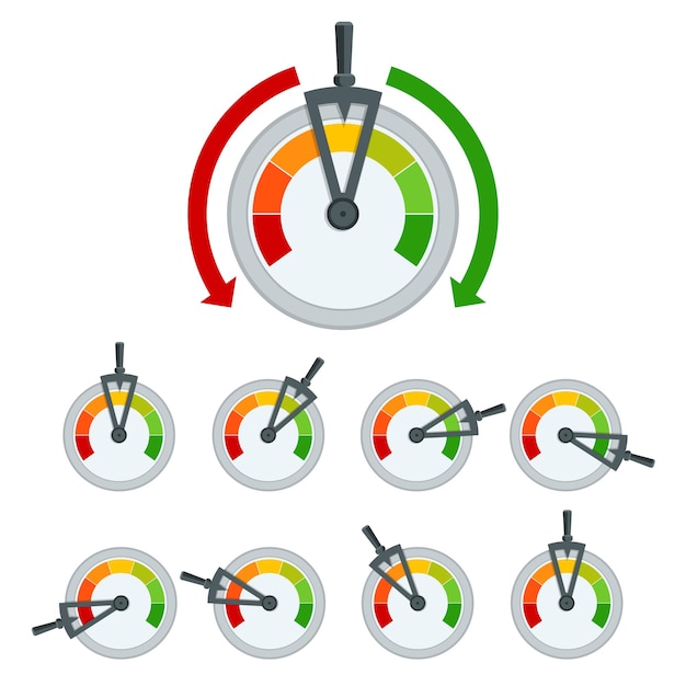 Vector Éxito conceptual metro cien por ciento. conjunto de medidor de satisfacción del cliente con marco de metal. ilustración de vector aislado sobre fondo blanco