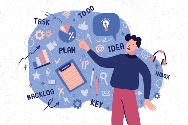 Éxito en la creación de un negocio Persona de Doodle Objetivo en la oficina de trabajo Presentación del proyecto