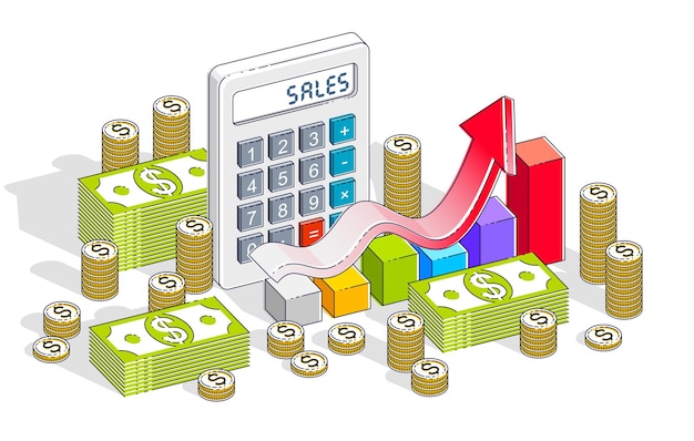 Éxito empresarial y concepto de crecimiento de ventas, calculadora, gráfico con flecha y pila de dólares de dinero en efectivo y monedas aisladas en fondo blanco. Ilustración isométrica de negocios y finanzas vectoriales 3d.