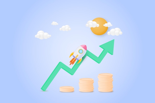 Éxito financiero y concepto de crecimiento rocket green flecha hacia arriba y pilas de monedas en la ilustración de vector de fondo 3d