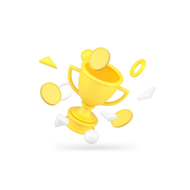 Éxito financiero ganar logro moneda de oro volando premio de la copa de la victoria icono 3D vector realista