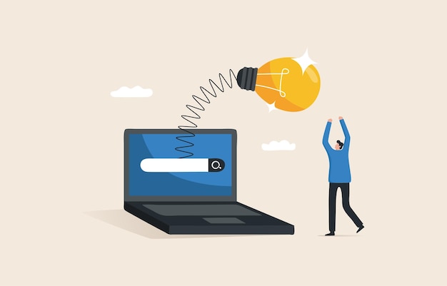 Éxito de la idea de investigación Encuentre nuevas ideas o inspiración con la innovación tecnológica Visión para descubrir una nueva solución La bombilla de una idea emerge de un monitor