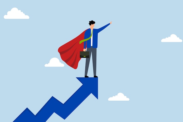 El éxito liderazgo liderando la estrategia de crecimiento del negocio hombre de negocios superhéroe en la poderosa capa roja creciente flecha
