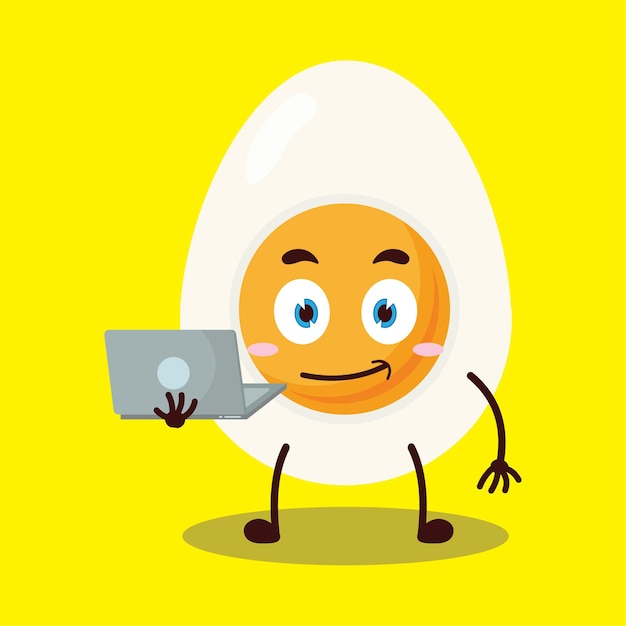 El éxito de los negocios es una expresión linda de un huevo medio hervido, un personaje de dibujos animados que lleva portátiles.