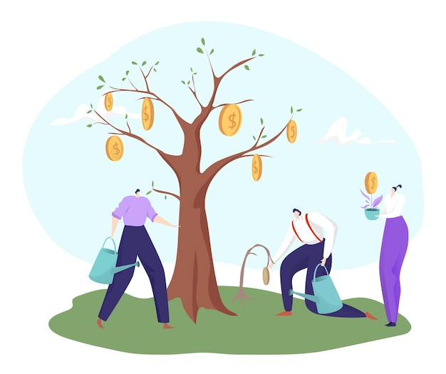 Vector Éxito de recuperación económica para el árbol del dinero ilustración vectorial hombre de negocios mujer personaje riego planta marchita para el crecimiento de la moneda de oro de ganancias