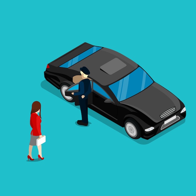 Exitosa mujer de negocios cerca de coches de lujo. gente isométrica ilustración vectorial