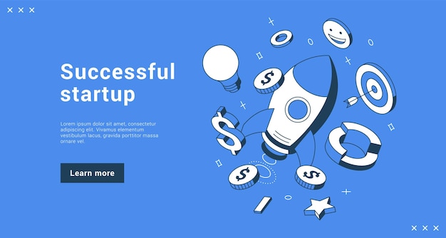 Exitosa planificación de la estrategia empresarial de inicio lluvia de ideas logro de objetivos financieros ilustración vectorial isométrica de la página de inicio de banner de Internet. Liderazgo de gestión de cohetes de lanzamiento de idea de innovación