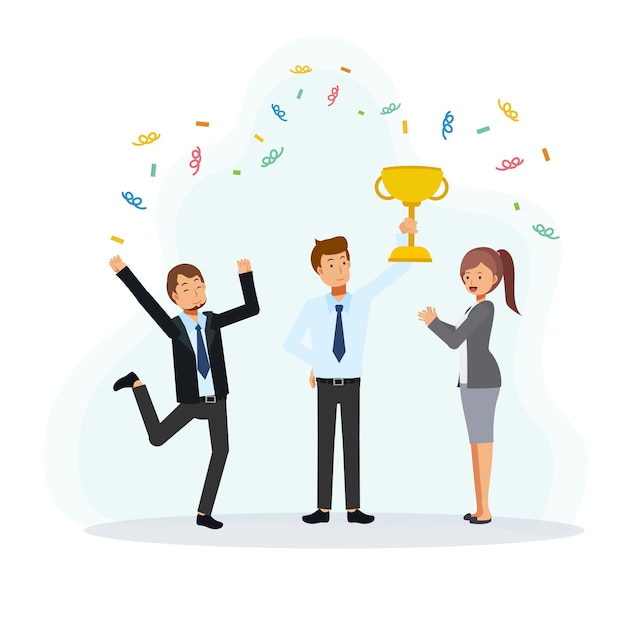 Exitoso empresario sosteniendo un trofeo rodeado de colegas que vinieron a felicitar. Ilustración de personaje de dibujos animados de vector plano.