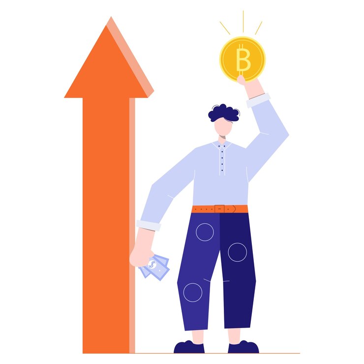 Vector exitoso hombre de negocios ascendiendo con moneda bitcoin dorada dinero electrónico virtual