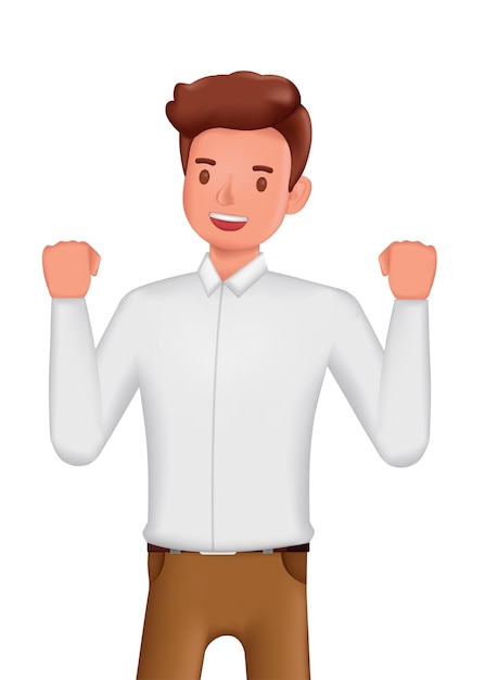 Vector exitoso hombre de negocios levantando manos victoria pose diseño de personajes 3d ilustración vectorial