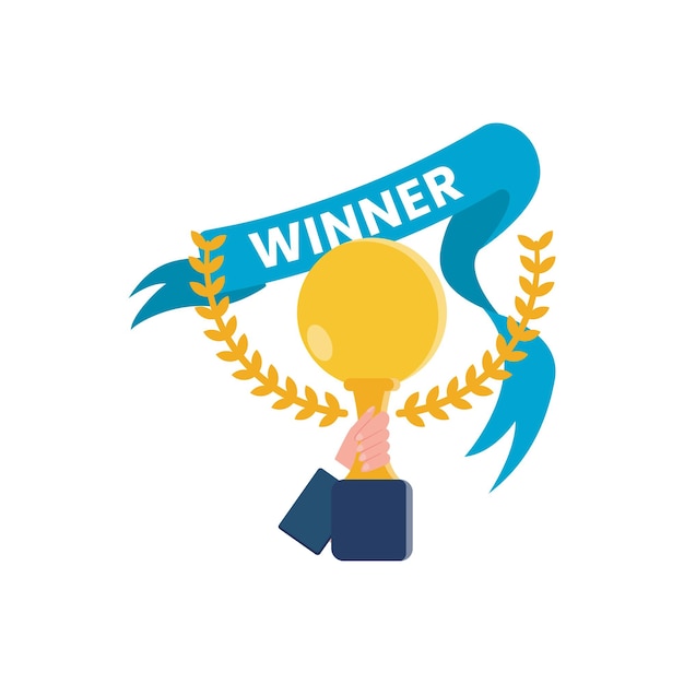 Exitoso hombre de negocios que sostiene el premio de la copa de oro en la mano idea de liderazgo ganador del primer lugar premio ganador de la competencia Logro de la meta empresarial vector concepto