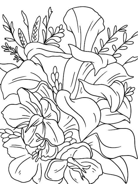 Exótico ramo de flores doodle libro para colorear de flores o página
