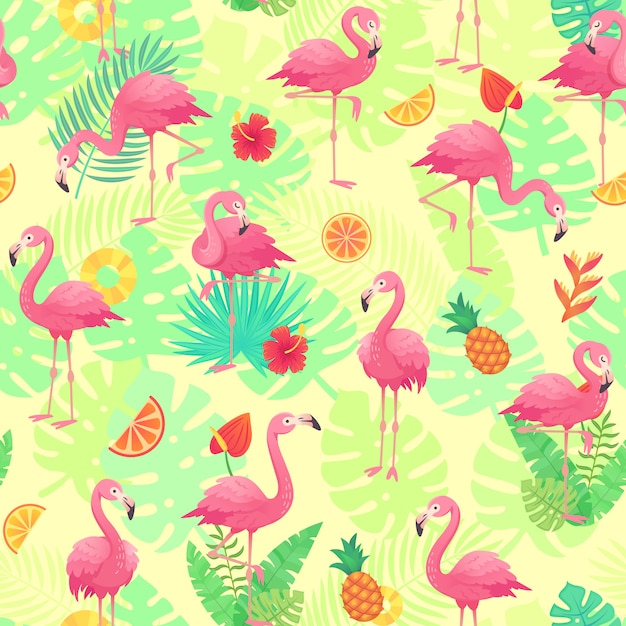 Exóticos flamencos rosados, plantas tropicales y flores de jungla monstera y hojas de palmera.