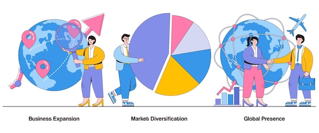 Expansión empresarial Diversificación del mercado Concepto de presencia global con carácter Estrategia de crecimiento empresarial Conjunto de ilustraciones vectoriales abstractas Penetración del mercado Nueva metáfora de entrada al mercado