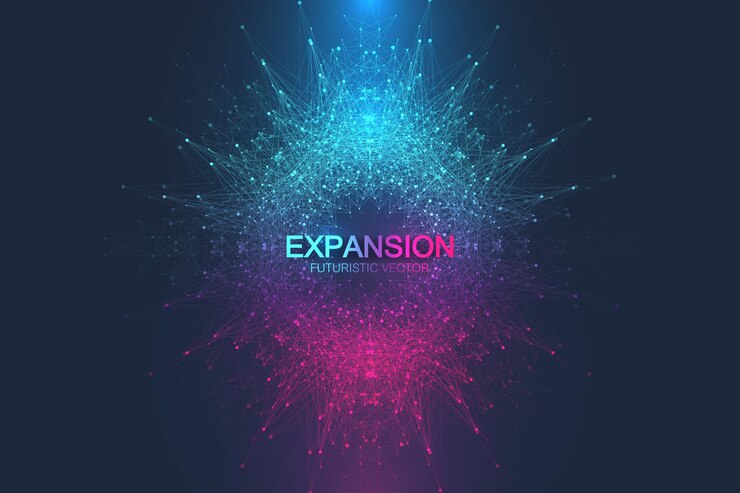 Vector expansión de la vida fondo de explosión colorido con línea conectada y puntos flujo de onda visualización tecnología cuántica ilustración gráfica abstracta de fondo de explosiión vector de ráfaga de movimiento