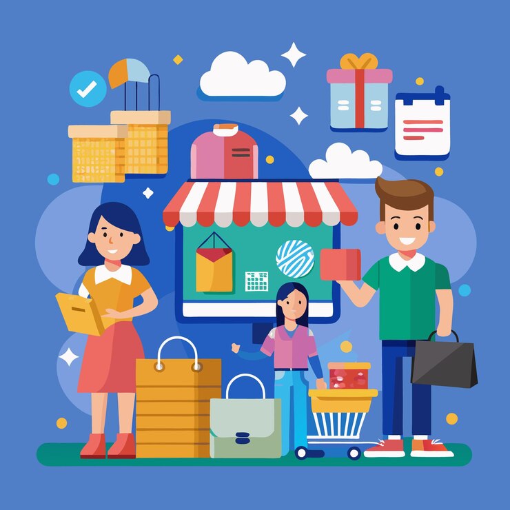 Vector experiencia de compras en línea los clientes compran disfruta de los carros de compras