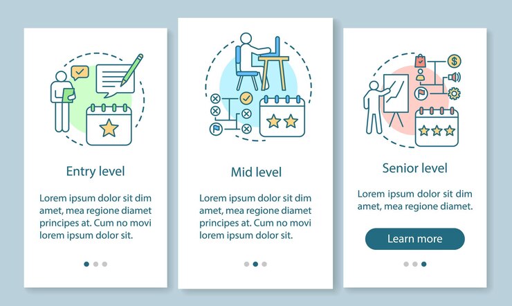 Vector experiencia laboral incorporando la pantalla de la página de la aplicación móvil con conceptos lineales. posición, estado. instrucciones gráficas de pasos de tutorial de nivel inicial, medio y superior. ux, ui, plantilla de vector de gui con iconos