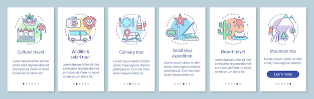 Experiencias de viaje incorporando la pantalla de la página de la aplicación móvil con conceptos lineales. Viajes culturales y por el desierto. Instrucciones gráficas de seis pasos de tutorial. UX, UI, plantilla de vector de GUI con ilustraciones
