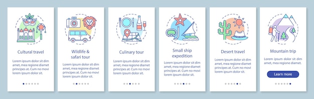 Experiencias de viaje incorporando la pantalla de la página de la aplicación móvil con conceptos lineales. viajes culturales y por el desierto. instrucciones gráficas de seis pasos de tutorial. ux, ui, plantilla de vector de gui con ilustraciones