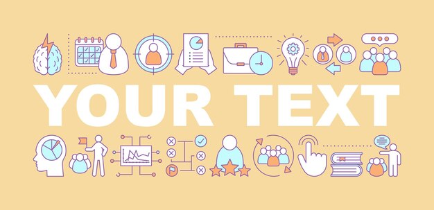 Experimente el banner de conceptos de palabras. Desarrollo de negocios. Consecución de objetivos. Idea de tipografía de letras aisladas con iconos lineales. Éxito personal. Estrategia de negocios. Ilustración de contorno vectorial