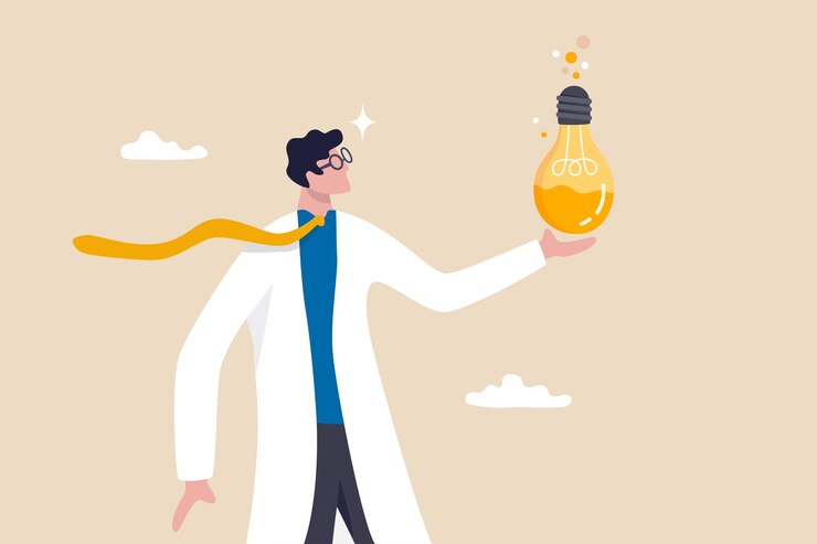 Vector experimente una nueva idea creativa, investigue para descubrir e invente un nuevo producto, una mentalidad empresarial o un concepto de análisis empresarial, un empresario que experimente una nueva bombilla de idea para inventar un nuevo producto.
