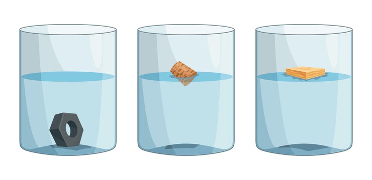 Vector experimento del principio de arquímedes con vasos de agua, hierro, corcho y cubo de madera flotando sobre la
