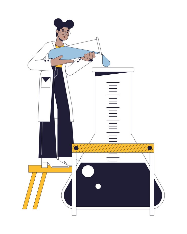 Vector experimento de química concepto de línea plana ilustración de punto vectorial científica vierte líquido en matraz personaje de contorno de dibujos animados 2d en blanco para diseño de interfaz de usuario web imagen de héroe de color aislado editable
