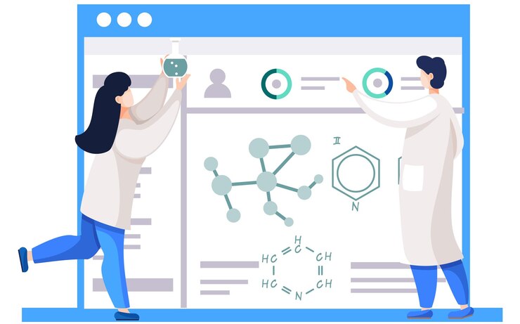 Vector experimentos químicos el químico está monitoreando el progreso de la investigación modelo de compuestos químicos en el cartel el hombre con una bata de laboratorio señala un diagrama la niña sostiene un matraz con un líquido desconocido