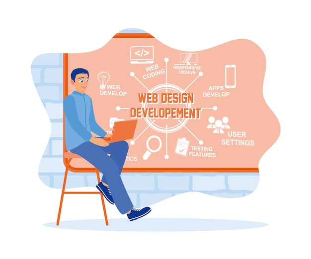 El experto en TI desarrolla un sitio web utilizando una computadora portátil Los iconos de desarrollo web se dibujan en el tablero.