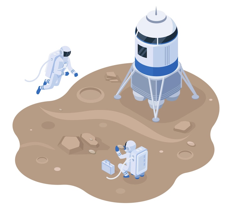 Vector exploración y colonización espacial de la estación espacial isométrica exploradores espaciales en marte o planeta lunar ilustración vectorial atmósfera planetaria o estudio del suelo tripulación de la nave espacial investigando