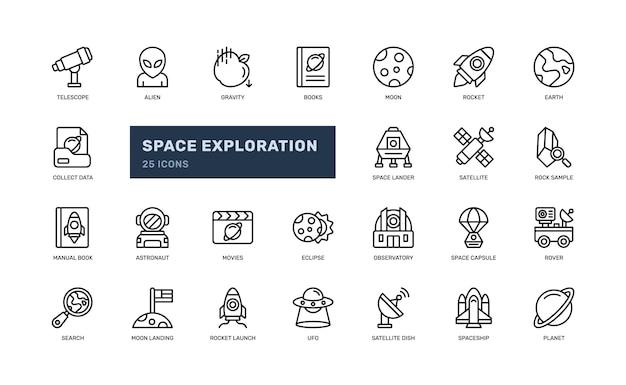 exploración espacial y ciencia astronomía conjunto de iconos de líneas de contorno