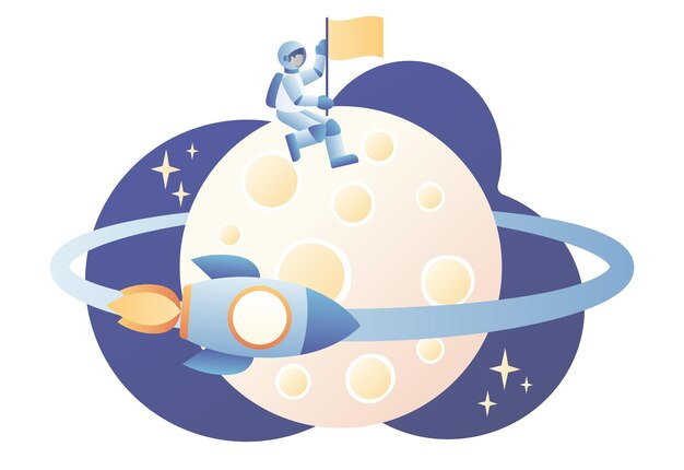 Exploración espacial de la misión lunar Pequeños astronautas en el espacio Viaje en nave espacial a la luna Vuelo en cohete