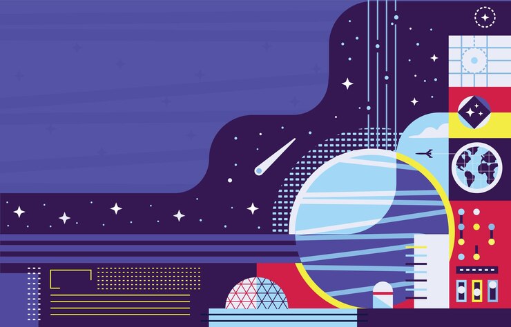 Vector exploración espacial con planetas y concepto de navegación de naves espaciales
