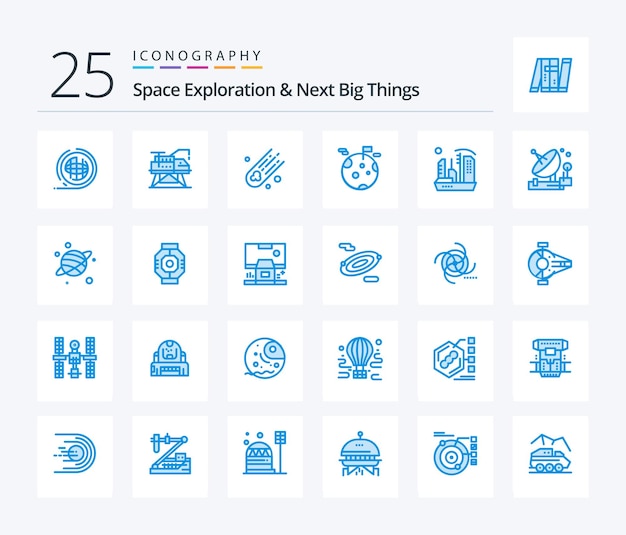 Exploración espacial y próximas grandes cosas 25 Paquete de íconos de color azul que incluye el planeta gigante de la plataforma espacial de colonización