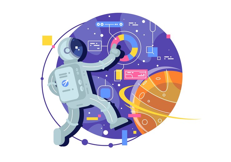 Vector exploración espacial, viajero espacial, astronauta en el espacio ultraterrestre. ilustración creativa.