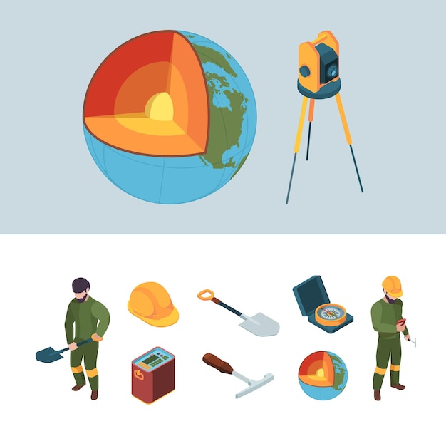 Exploración geológica. Capas de manto de tierra procesos isométricos de vector chillón casco de equipo de geólogo. Ilustración manto de tierra, exploración de la geología de la estructura