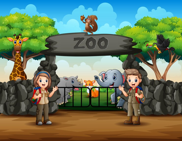 Vector los exploradores y animales salvajes en la ilustración de entrada del zoológico