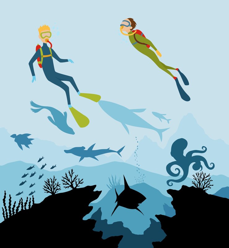 Vector exploradores buceadores y fauna submarina de arrecifes.